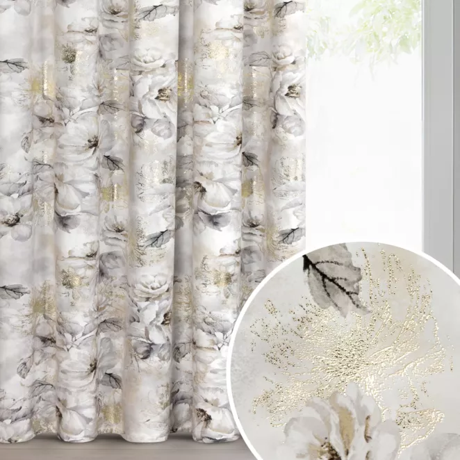 Zasłona jasnoszaro, beżowa z welwetu zdobiona szampańskimi akcentami 140x270 cm - LUIZA