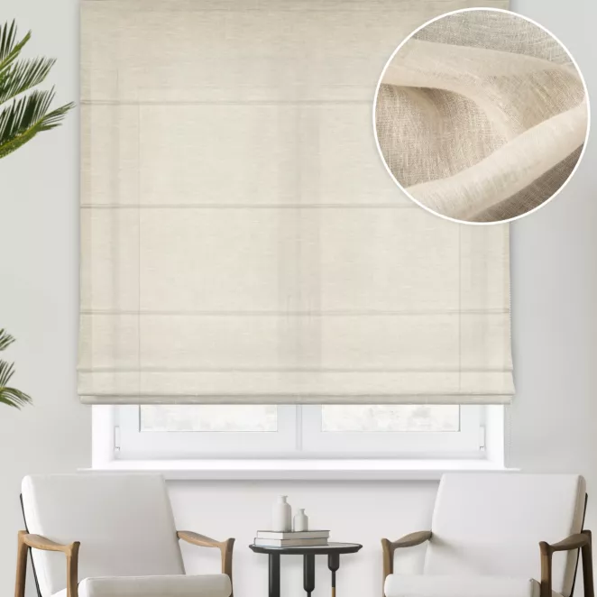 Roleta rzymska beżowa wykonana z naturalnej lnianej tkaniny, matowa, wykończona obciążnikiem