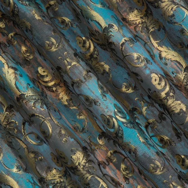 E105/4 Zasłona szyta na taśmie 5 cm ciemnoturkusowo złota z ekskluzywnej tkaniny z dużym ornamentowym wzorem Italissima Eva Minge