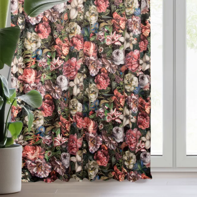 Zasłona bordowo, zielona ze wzorem kwiatowym z welwetu 140x270 cm taśma /szelki - PEONIA