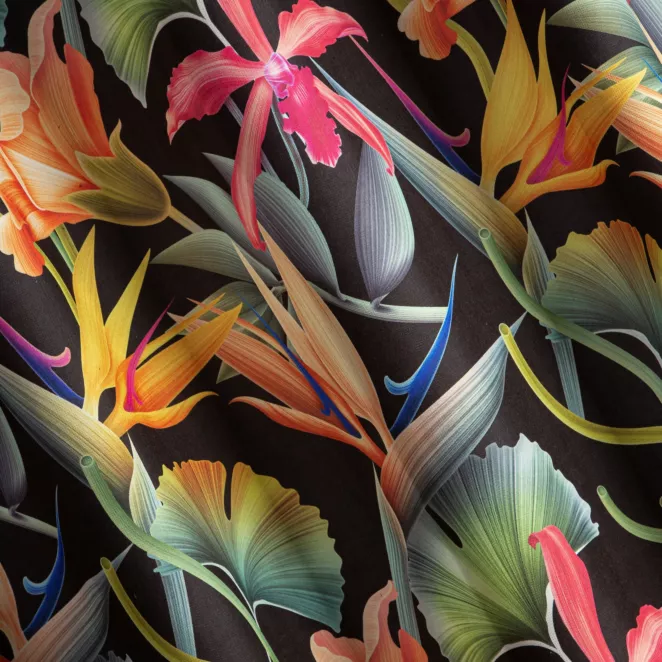 H180/4 Zasłona szyta na taśmie 5 cm BESS czarno pomarańczowa z miękkiej tkaniny drukowanej w kolorowy botaniczny wzór