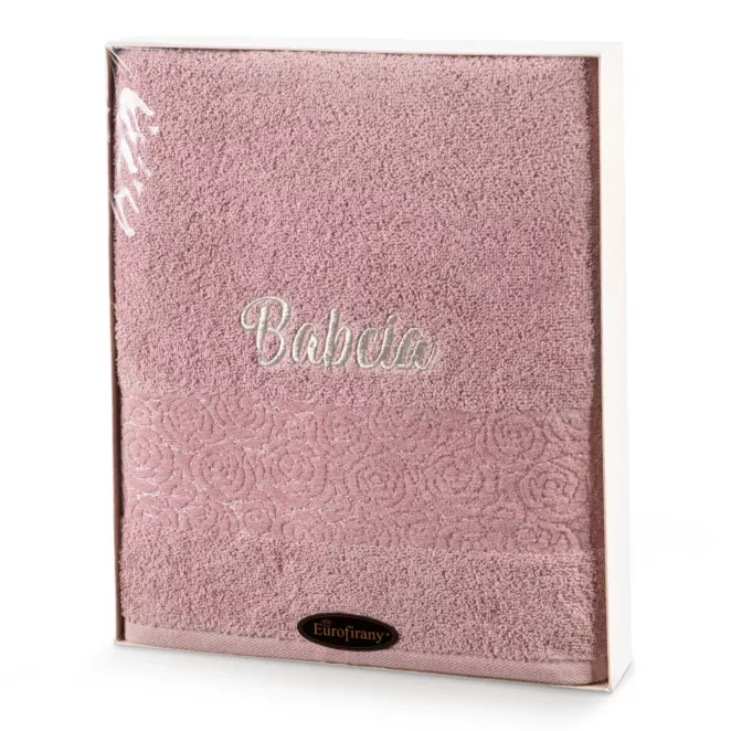 Zestaw upominkowy, ręcznik bawełniany 70x140 cm kolor różowy z haftem BABCIA