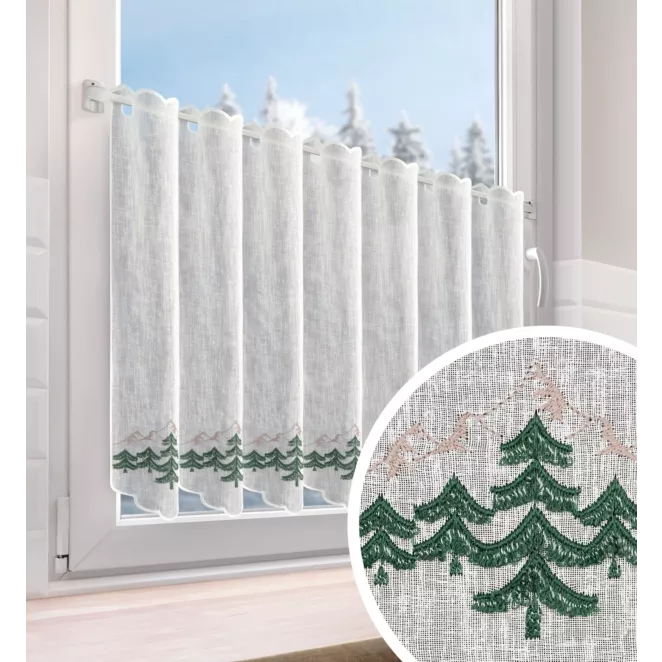 Tkanina firanowa zazdrostka z etaminy zdobiona świątecznym haftem z motywem choinek