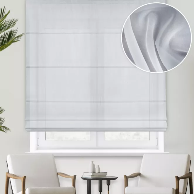 Roleta rzymska biała półprzezroczysta, z matowego woalu, o niestandardowej wysokości 340cm, wykończona obciążnikiem