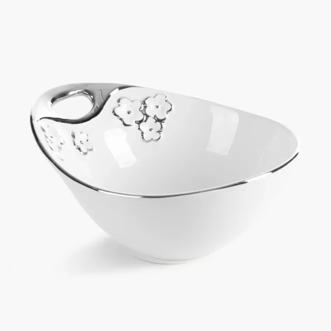 Misa dekoracyjna biało, srebrna zdobiona metalicznymi kwiatami 23x17x10 cm ARIANA