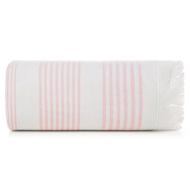 Ręcznik kąpielowy 90x170 cm bawełniany kolor różowy,biały z nadrukiem kontrastujących paseczków i frędzli 350 g/m2 KORFU