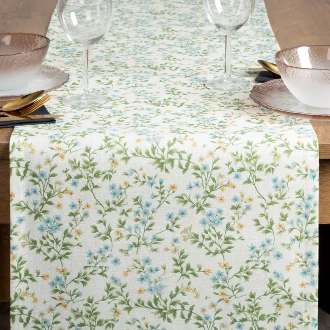 Bieżnik na stół plamoodporny 40x140 cm kremowo, zielony w drobne kwiaty - TARA