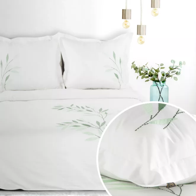 Pościel 160x200 cm komplet 3 częściowy bawełniana kolor biały, zielony zdobiona haftowanym wzorem listków Eurofirany Premium