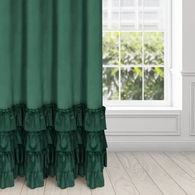 Zasłona welwetowa ciemnozielona zdobiona falbanami 140x270 taśma - CHARLOTTE 1