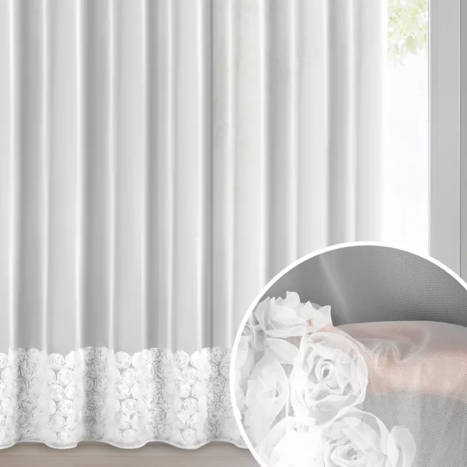 Firana biała z siateczki zdobiona aplikacją 3D w róże 350x250 cm przelotka - ROSES3 - Eva Minge