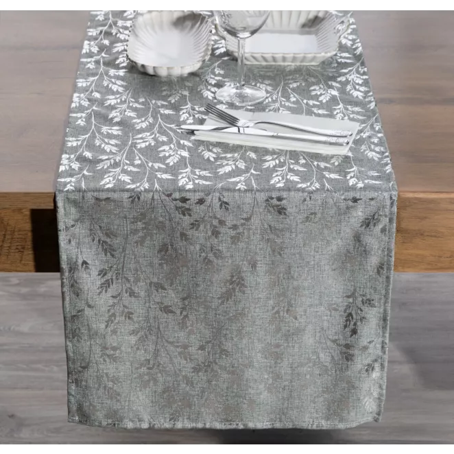 Bieżnik na stół srebrny 40x180 cm z przyjemnej tkaniny SIMONA zdobiony błyszczącym wzorem gałązek
