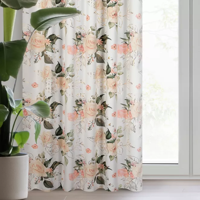 Zasłona biało, różowa w piękne róże , zaciemniająca 135x270 taśma ROSE