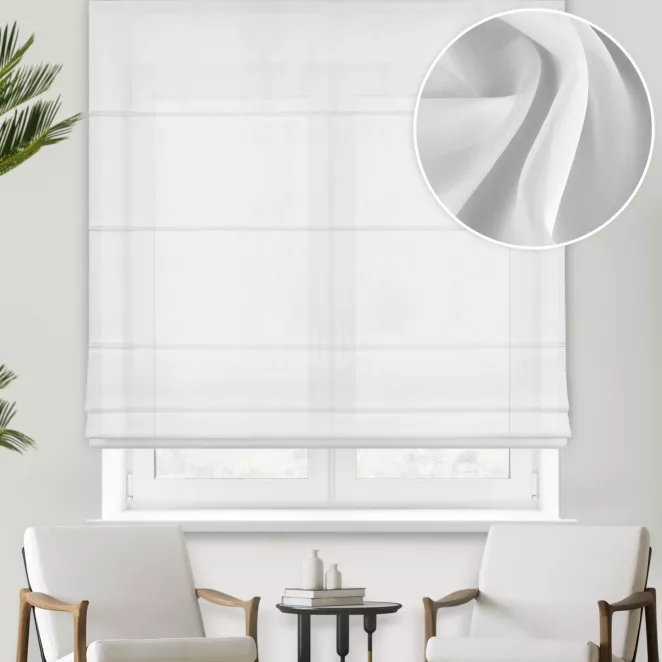 Roleta rzymska biała z mlecznobiałej żorżety o perłowym połysku