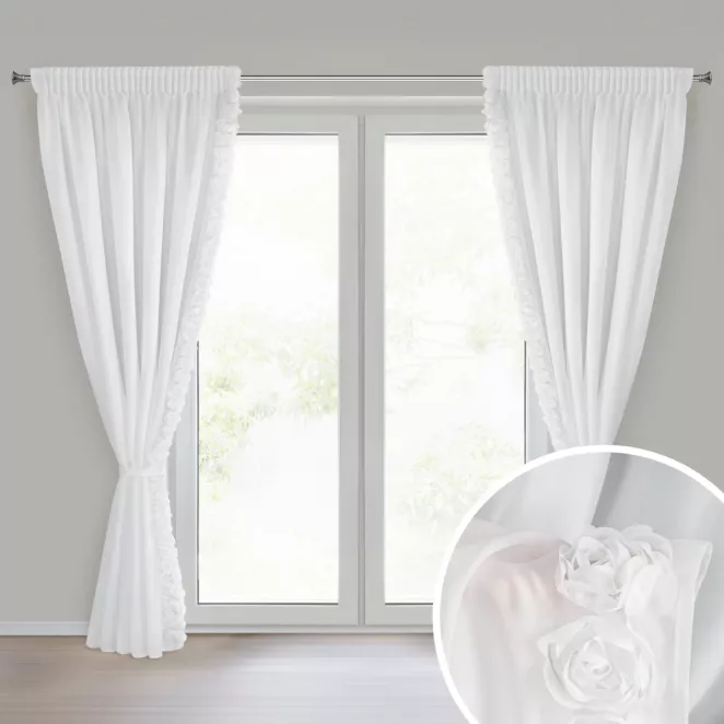 Komplet 2 szt. firan białych z tkaniny szyfonowej zdobiona pasem 3D róż, w zestawie troczek 140x270 cm taśma - ROSES Eva Minge
