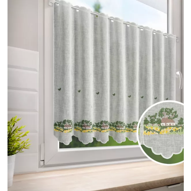 Tkanina firanowa zazdrostka z etaminy zdobiona haftem wiejskiego domku