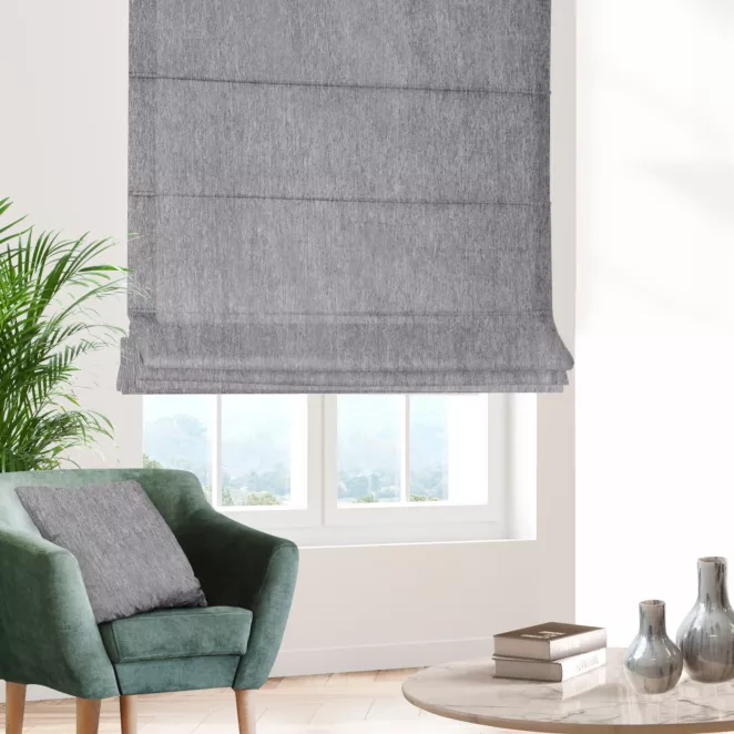 Roleta rzymska popielata z miękkiej szenilowej tkaniny z efektem melanżu
