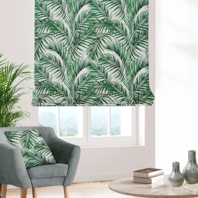 Roleta rzymska PALMAS zielona z tkaniny o naturalnym splocie w botaniczny wzór