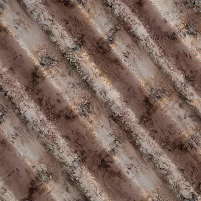 E128/3 Zasłona szyta na taśmie 5 cm beżowo złota z miękkiej, welwetowej tkaniny z nieregularnym wzorem i błyszczącym nadrukiem Italissima Eva Minge