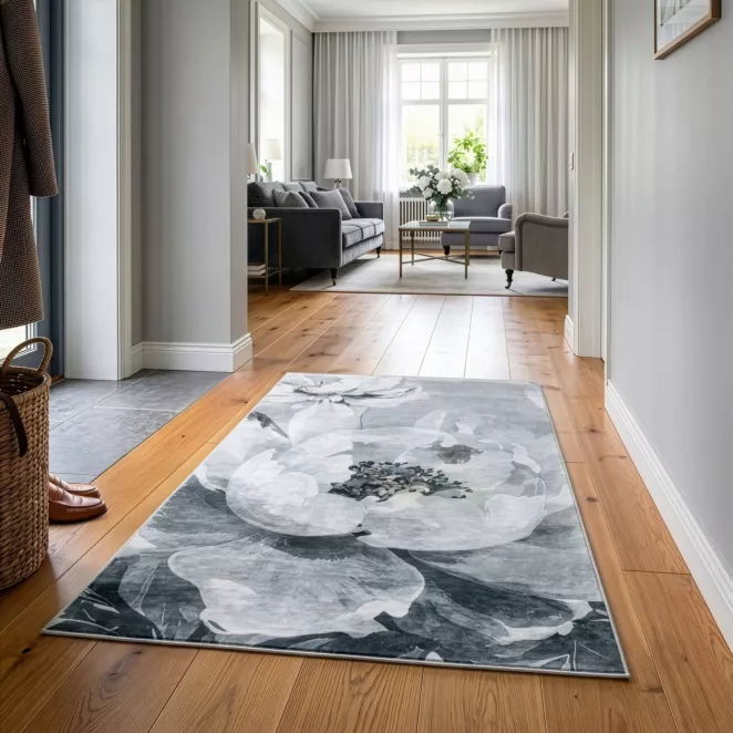 Dywan 80x140 cm jasnoszaro, srebrny z motywem kwiatów LOTUS 4