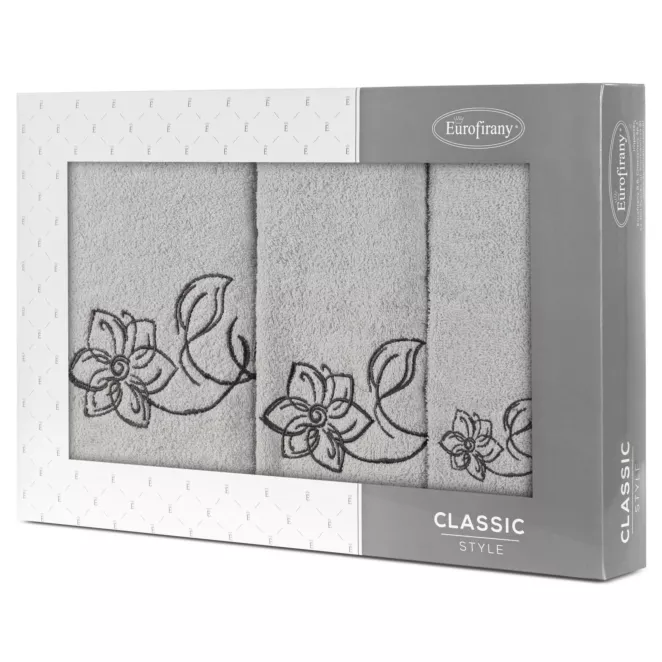Zestaw ręczników bawełnianych na prezent 3 szt kolor srebrny, stalowy z haftem uroczych kwiatów 400 g/m2 LILA