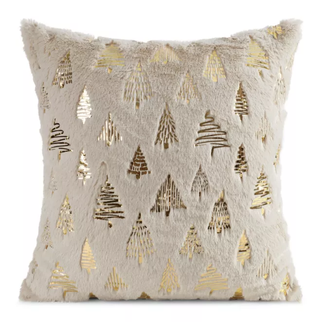 Poszewka na poduszkę świąteczna 45x45 cm beżowo, złota z przyjemnego futerka zdobiona nadrukiem choinek