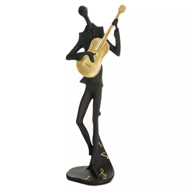 Figurka ceramiczna czarno-złota  w kształcie postaci trzymającej kontrabas 13x9x37 cm RICO