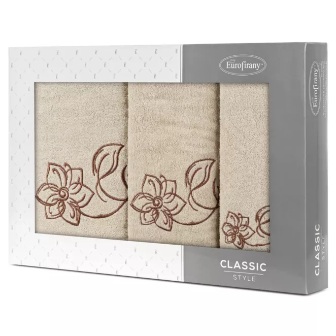 Zestaw ręczników bawełnianych na prezent 3 szt kolor beżowy, brązowy z haftem uroczych kwiatów 400 g/m2 LILA