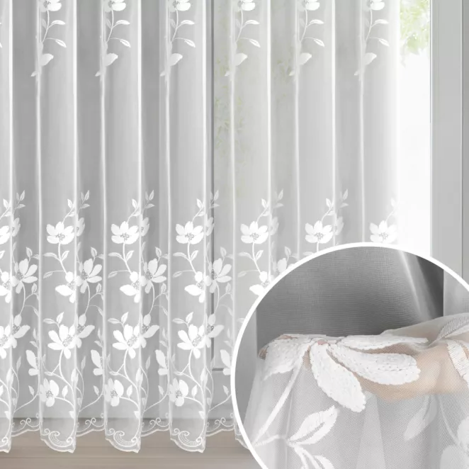 Firana biała z tkaniny typu peru zdobiona haftem 350x250 cm przelotka - SANDI