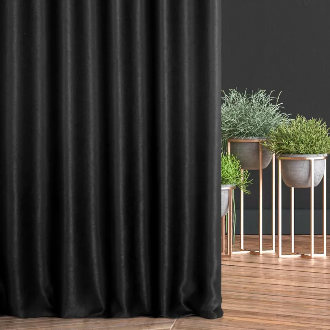 Zasłona szyta na taśmie 5 cm czarna z gładkiej, zaciemniającej tkaniny z wyraźnym splotem