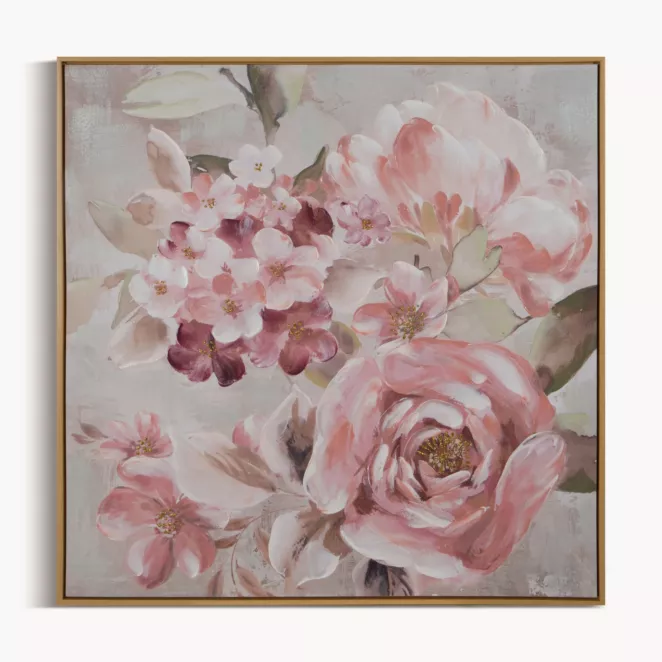 Obraz roślinny ciemnoróżowo, beżowy ręcznie malowany na płótnie 80x80 cm FLORA