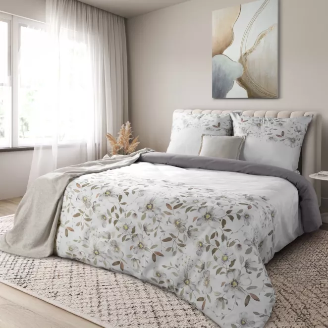 Pościel 140x200 cm komplet 2 częściowy satyna bawełniana kolor popielato, biały zdobiony motywem kwiatów  SPRING 106