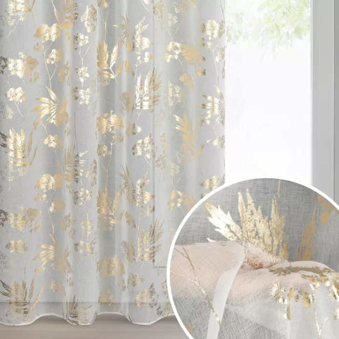 Firana biało, szampańska z etaminy z motywem roślinnym 140x250 cm przelotki - DELIA