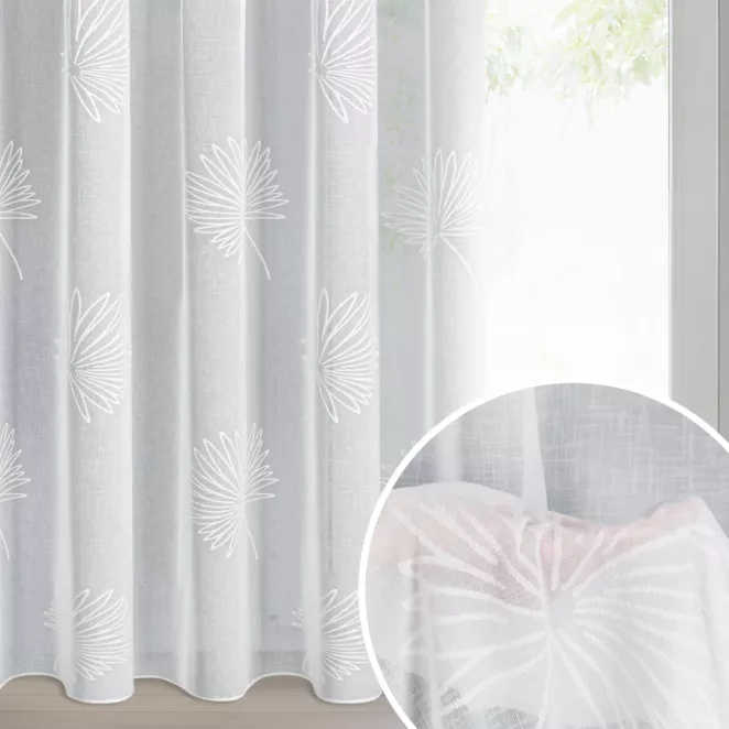 Firana biała z lekkiej etaminy z żakardowym motywem liści 140x270 cm taśma JANE