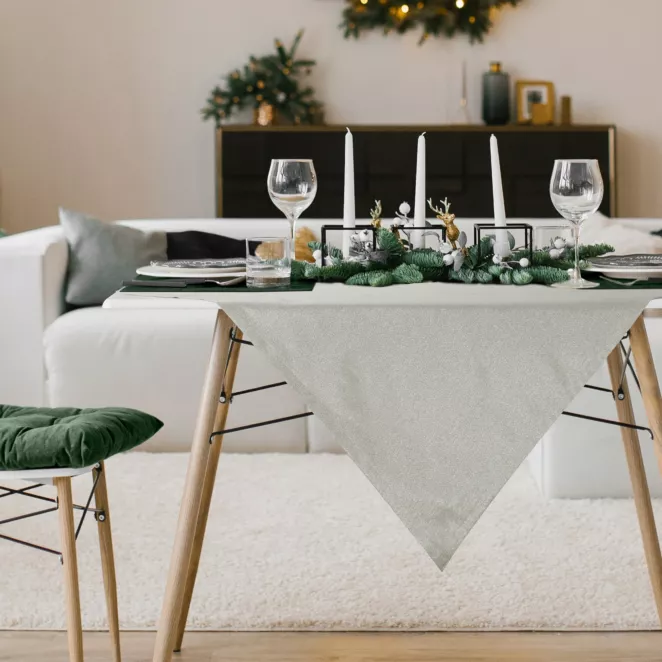 Obrus na stół naturalny 85x85 cm z żakardowej tkaniny FLASH przetykanej jasnozłotą nicią