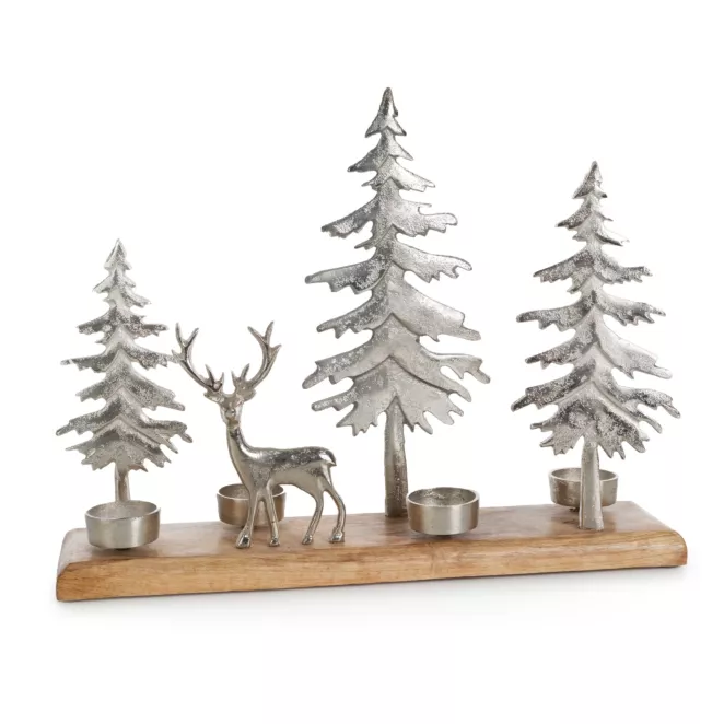 Figurka świąteczna - świecznik drewniany z dodatkiem metalowych choinek