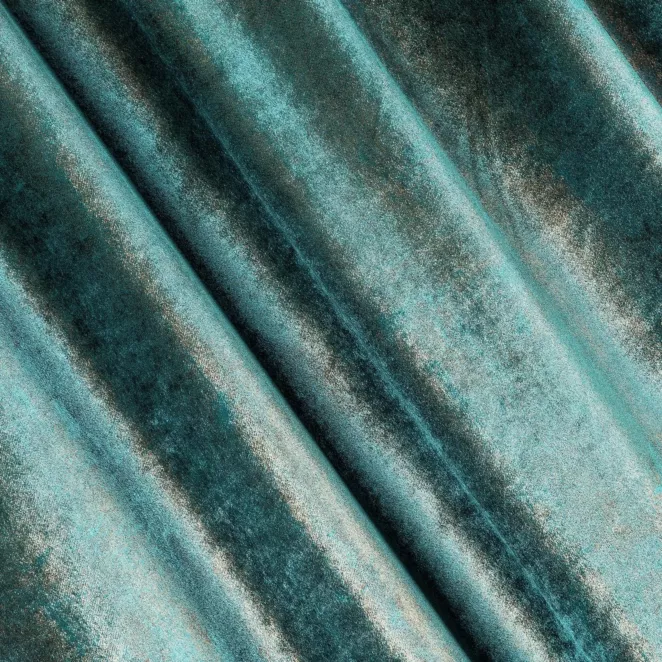 M219/7 Zasłona szyta na taśmie 5 cm turkusowo miedziana z welwetowej, miękkiej tkaniny, z połyskującym nadrukiem