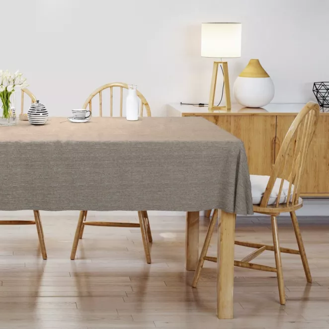 Obrus szyty beżowo popielaty z eleganckiej tkaniny w nieregularny drobny wzór