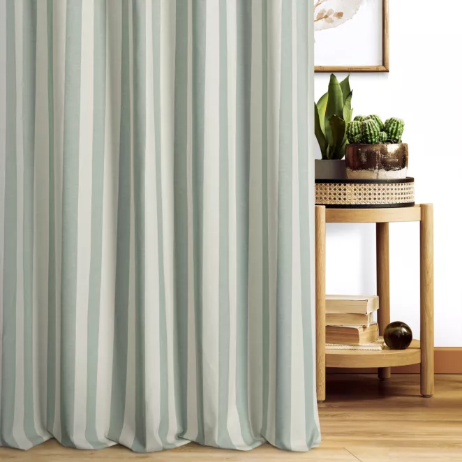 Zasłona szyta na taśmie 5 cm naturalno turkusowa z tkaniny w pasy