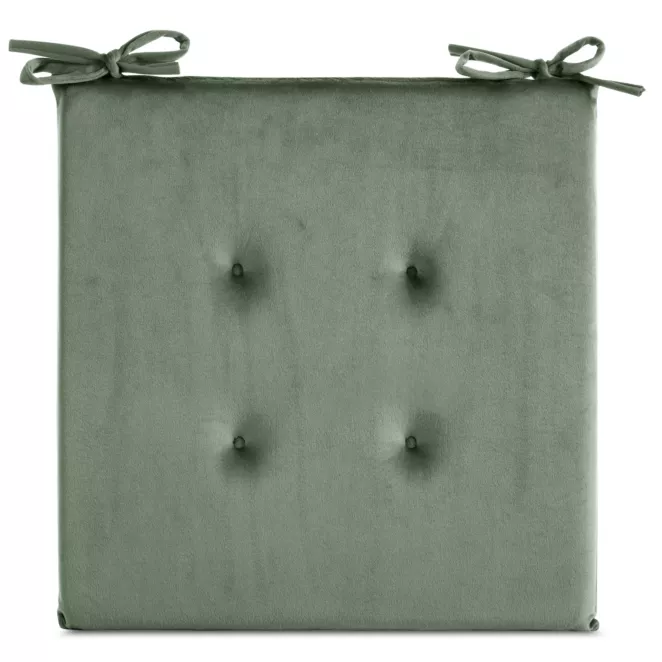 Poduszka na krzesło 40 x 40 x 3 cm welwetowa oliwkowa z ozdobnym pikowaniem i praktycznymi troczkami GAJA