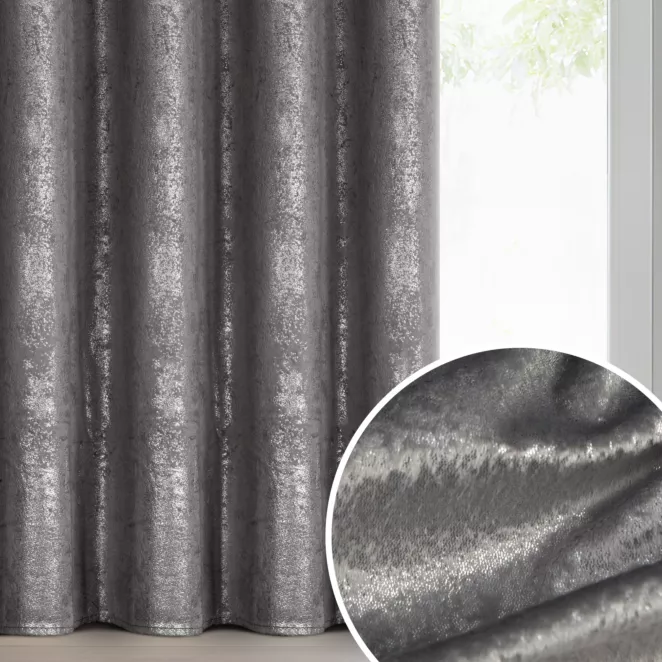 Zasłona stalowo, srebrna welwetowa z nakrapianym nadrukiem 135x270 cm taśma - AVENA