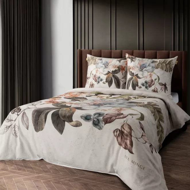 Pościel 160x200 cm komplet 3 częściowy  z makosatyny bawełnianej kolor  biało, ciemnooliwkowy z designerskim roślinnym nadrukiem  DEMI Eva Minge