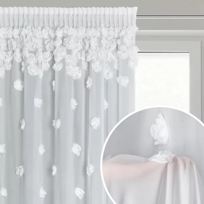 Firana biała z szyfonu zdobiona trójwymiarowymi różami 140x270 cm taśma - DIANA