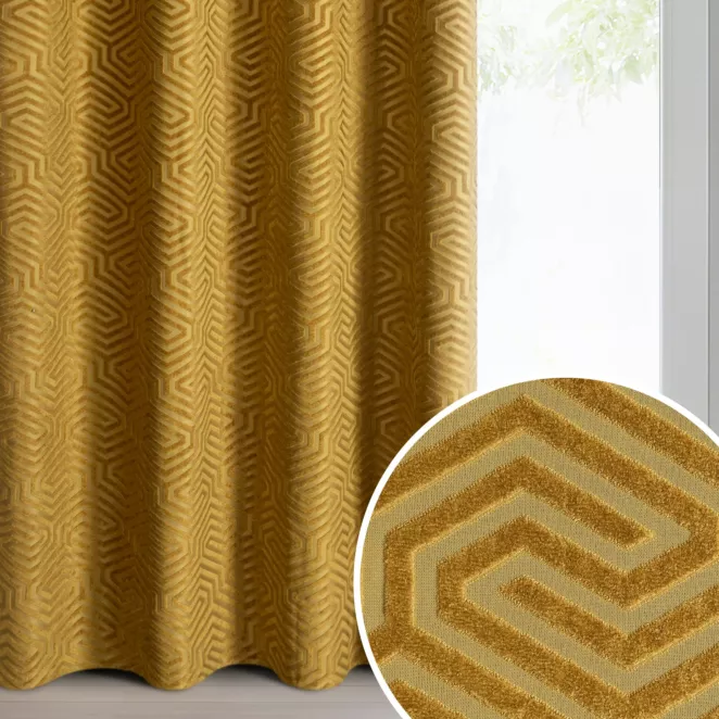 Zasłona welwetowa złota we wzór geometryczny 140x250 przelotka - INGA - Pierre Cardin