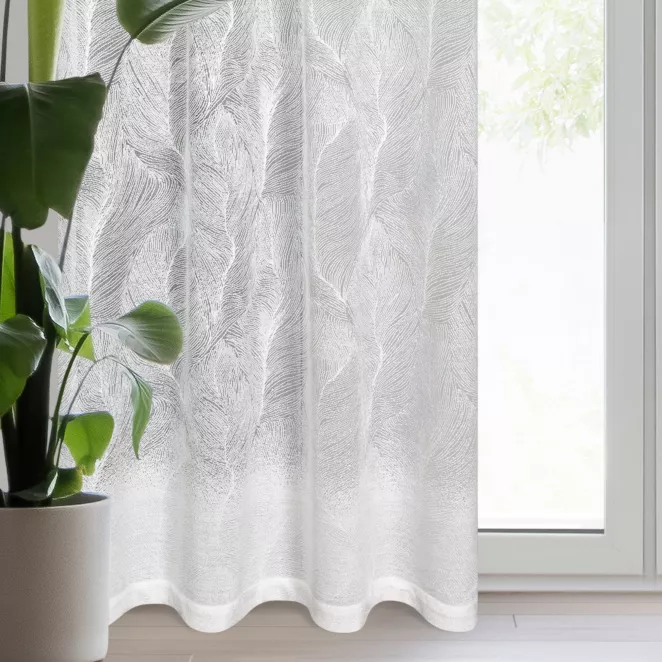 Dekoracja okienna biała zdobiona botanicznym wzorem z żakardu 140x250 cm przelotka - LINNEA
