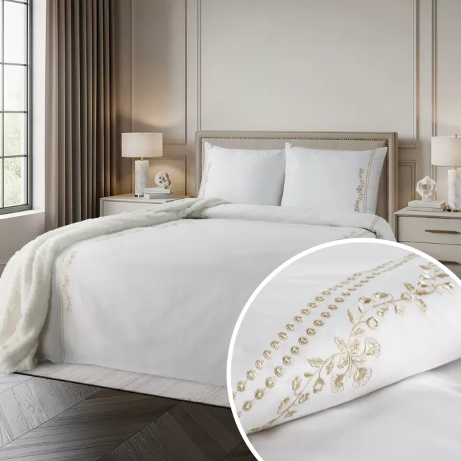 Pościel 160x200 cm komplet 3 częściowy z makosatyny bawełnianej kolor biały, beżowy zdobiona subtelnym haftem REINA 53