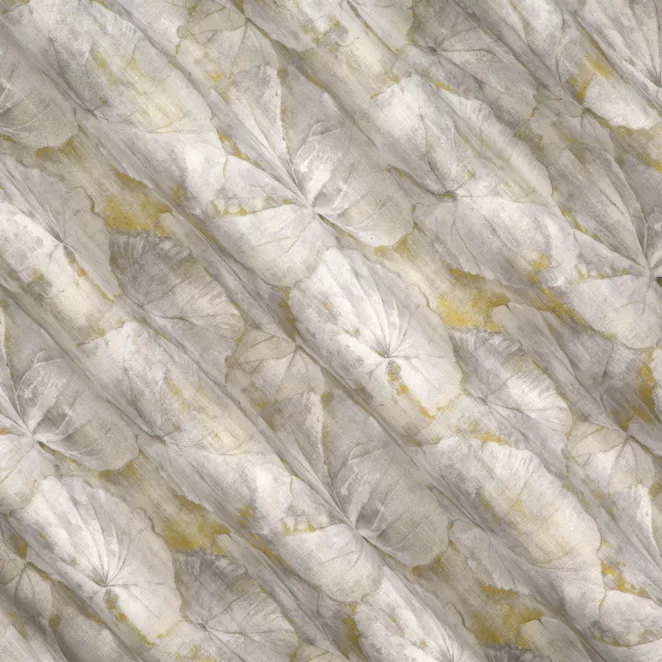 L160/4 Zasłona szyta na taśmie 5 cm popielato musztardowa z tkaniny z dodatkiem bawełny i nici metalicznej, o wzorze roślinnym, zawiera 20% bawełny