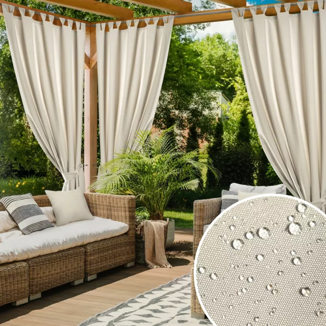 Zasłona jasnobeżowa z wodoodpornej tkaniny idealna do ogrodu i na taras 155x240 cm szelki/rzep - GARDEN