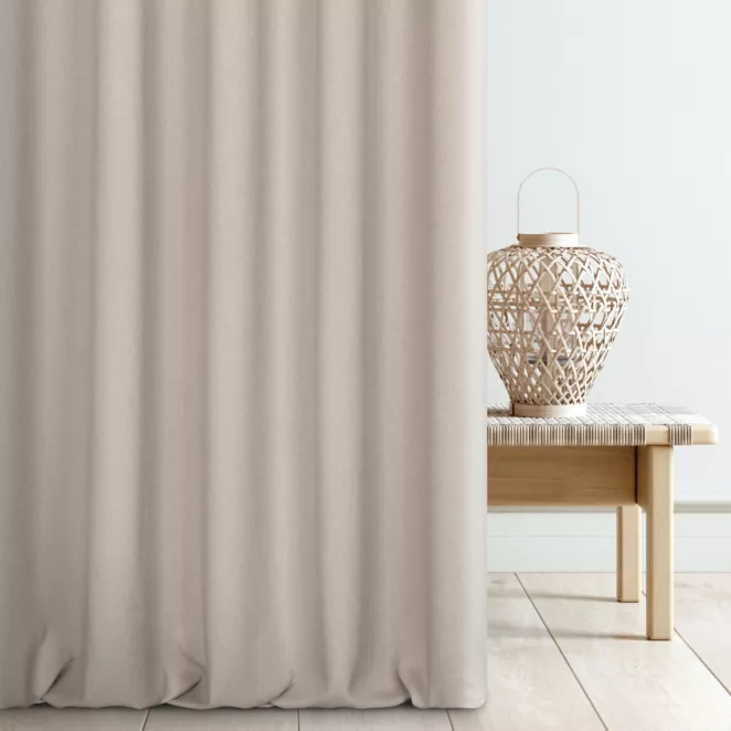 Zasłona szyta na flexach jasnobeżowa z miękkiej tkaniny o naturalnym splocie w stylu ekologicznym