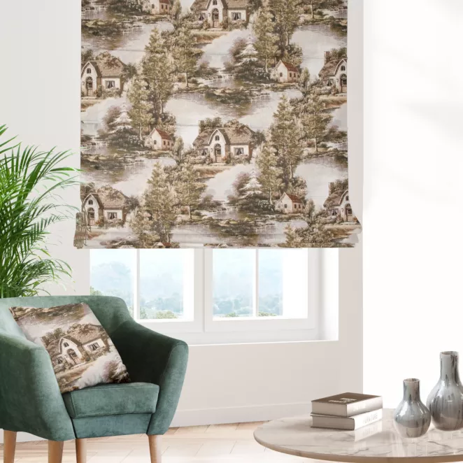 Roleta rzymska beżowo brązowa z tkaniny o rustykalnym wzorze Italissima Eva Minge