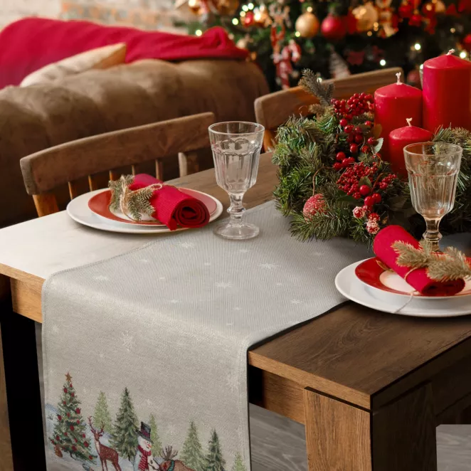 Bieżnik na stół 40x100 cm naturalno, srebrny gobelinowy z motywem zimowej wioski